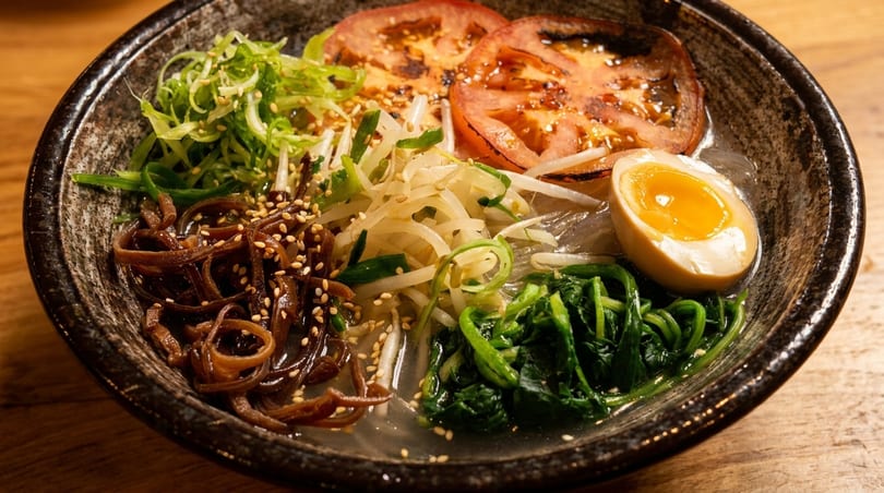 Close-up of a ramen bowl with noodles, grilled tomatoes, bean sprouts, spinach, and a soft-boiled egg.