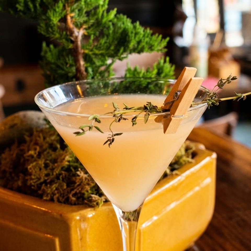 A martini glass with a light-colored drink, garnished with herbs and a wooden clip, next to a bonsai.