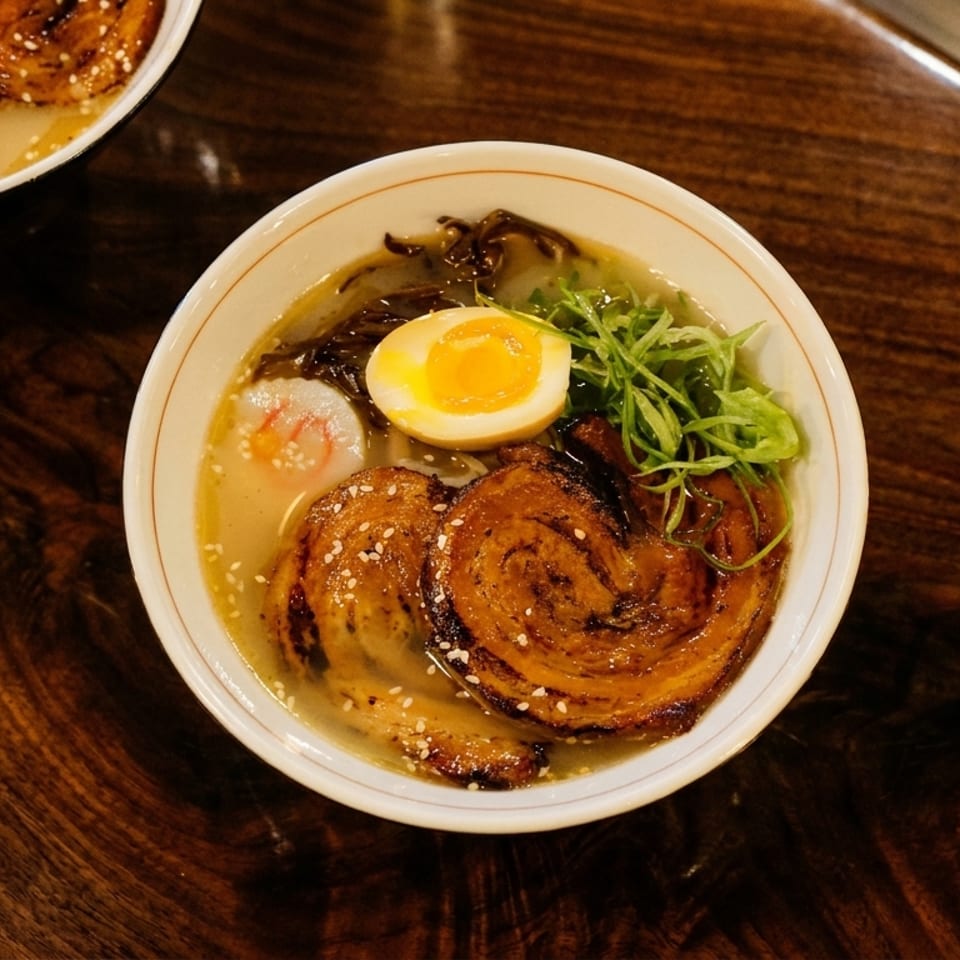 Two bowls of ramen with pork, egg, and green onions on a dark wooden table.