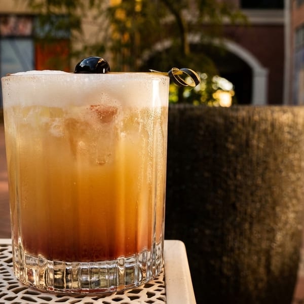 A foamy, layered cocktail with a dark cherry on top, on an outdoor patio table.