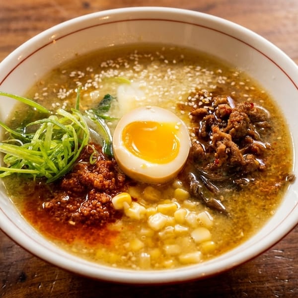 A bowl of ramen with a soft-boiled egg, corn, ground meat, and green onions on a wooden table.