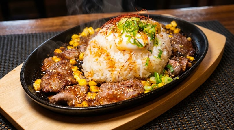 Steaming hot sizzling plate with rice, beef, corn, a poached egg, and green onions.